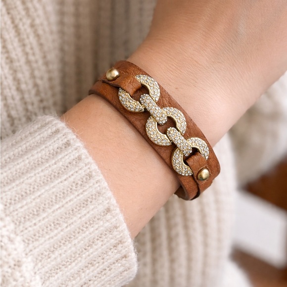 Vintage Brown Leather Rhinestone Chain Link Bracelet Western Boho Statement Cuff - Picture 2 of 4